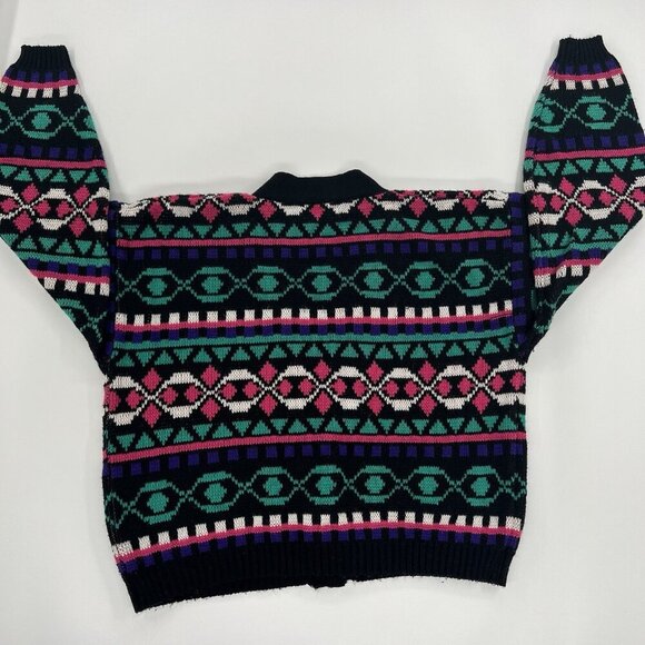 Cardigan Sweater Colorful Geometric Acrylic V Neck Button Up 80s 90s Size Medium - Picture 3 of 9